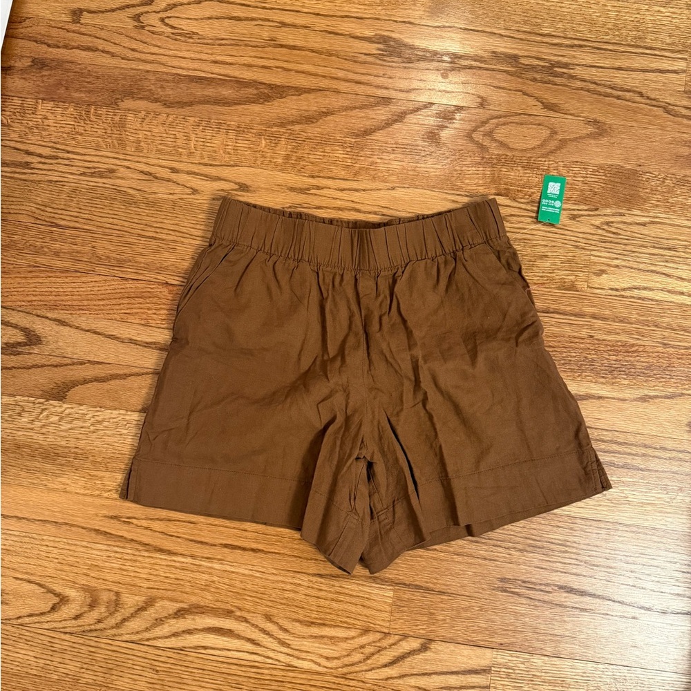 Women’s Brown Elastic Waist Linen-Blend Shorts